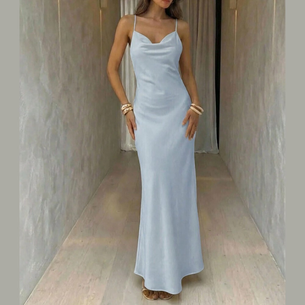 Sky Blue Satin Cowl Neck Spaghetti Strap Maxi Dress